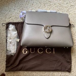 Brand New Gucci Dollar Calfskin Interlocking GG Medium Shoulder Bag -Grey